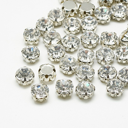 Honeyhandy Sew on Rhinestone, Glass Rhinestone, Montee Beads, with Brass Prong Settings, Garments Accessories, Flat Round, Platinum, Crystal, 8x6mm, Hole: 1mm, about 144pcs/gross