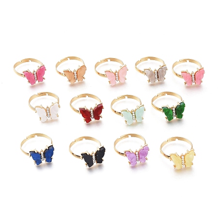 Adjustable Brass Micro Pave Clear Cubic Zirconia Finger Rings, with Resin, Long-Lasting Plated, Butterfly, Golden, Mixed Color, Size 10, Inner Diameter: 20mm; Butterfly: 12x17mm