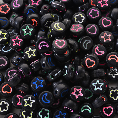 Honeyhandy Opaque Black Acrylic Beads, Flat Round with Mixed Color Star & Heart & Moon & Flower, 7x3.5mm, Hole: 1.5mm, about 200pcs/bag