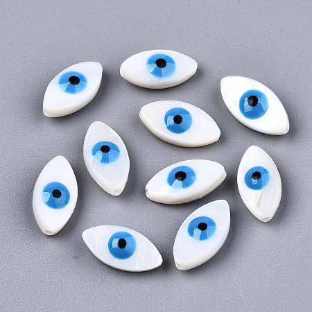 Honeyhandy Natural Freshwater Shell Beads, with Enamel, Enamelled Sequins, Horse Eye with Evil Eye, Dodger Blue, 14x7.5x4.5mm, Hole: 0.8mm
