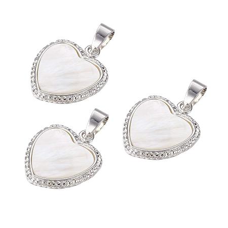 ArriCraft 1pcs Natural White Shell Pendants, with Brass Findings for DIY Bracelet Necklace Earring Making, Heart, Platinum, 24x21x3.5mm, Hole: 4x7mm