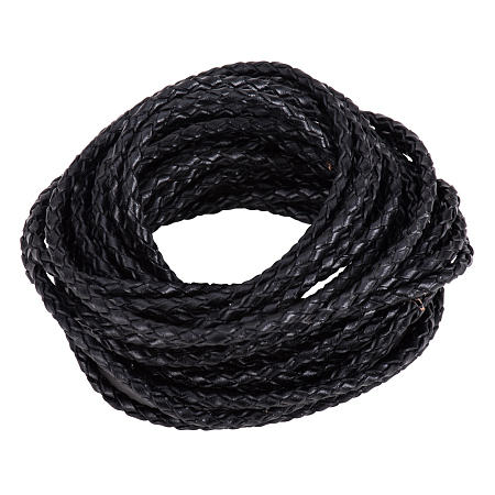 PandaHall Elite 3mm Black Round Genuine Braided Leather Necklace Cords for Jewelry Making, about 5m/bag