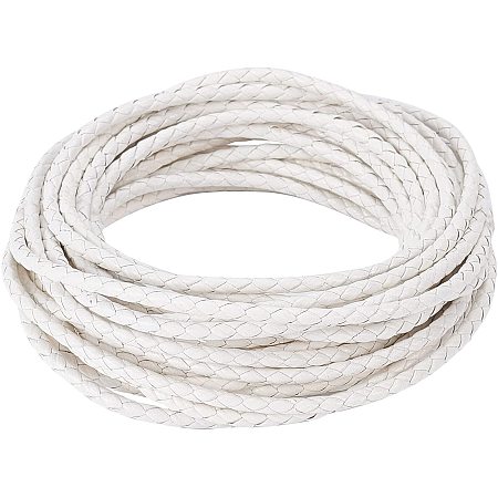 GORGECRAFT 5.5 Yard Braided Leather Cord 3mm Wide Round Braided Leather Strap for Bracelet Neckacle Beading Jewelry Making, White