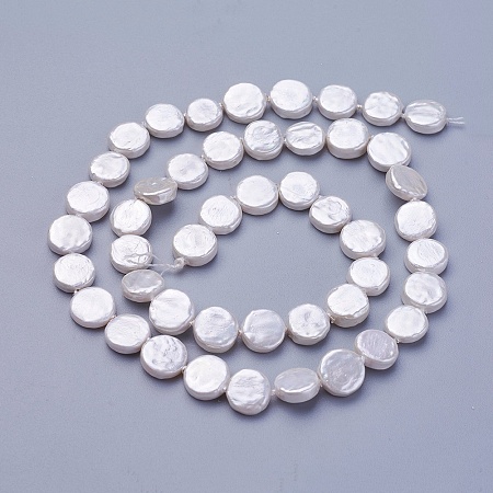 Honeyhandy Shell Pearl Beads Strands, Flat Round, Snow, 7.5~8.2x2.2~3.5mm, Hole: 0.5mm, about 42~48pcs/strand, 15.35 inch~15.55 inch(39~39.5cm)