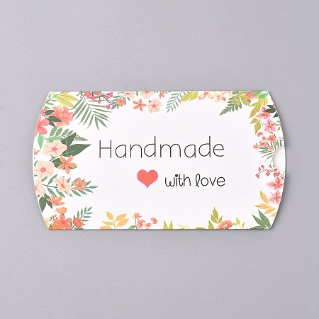 Honeyhandy Paper Pillow Boxes, Gift Candy Packing Box, Flower Pattern & Word Handmade with Love, White, Box: 12.5x7.6x1.9cm, Unfold: 14.5x7.9x0.1cm