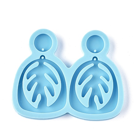 Honeyhandy DIY Leaf Dangle Stud Earrings Silicone Molds, Resin Casting Molds, For UV Resin, Epoxy Resin Jewelry Making, Deep Sky Blue, 54x67x4.5mm, Flat Round: 10.5mm, Hole: 0.5mm, Leaf: 34.5x29mm, Hole: 1.2mm