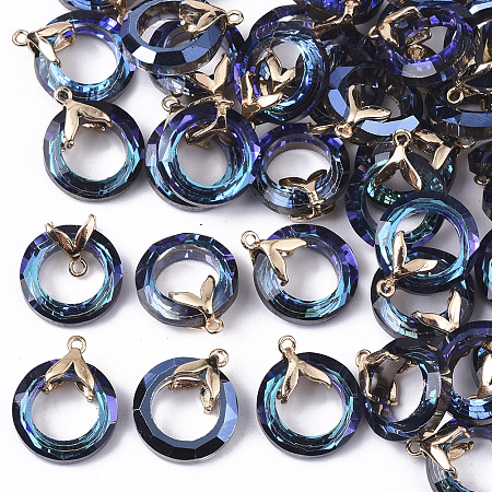 Honeyhandy Electroplate Glass Pendants, with Light Gold Plated Brass Ice Pick Pinch Bails, Faceted, Ring with Fishtail, Dark Blue, 17x14x6mm, Hole: 1.2mm