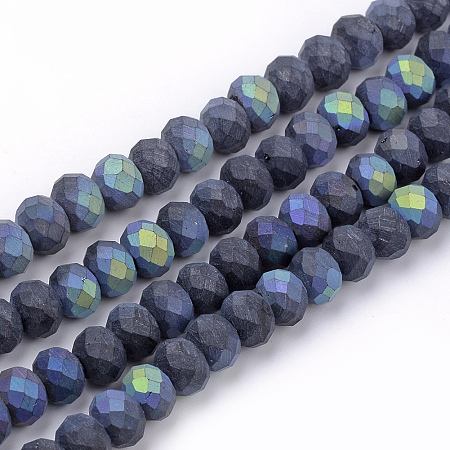 Electroplate Glass Beads Strands, Faceted, Half Plated, Matte Style, Rondelle, PrussianBlue, 6x4.5mm, Hole: 1mm; about 90~93pcs/strand, 15.7''