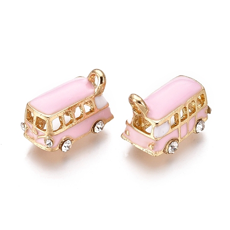ARRICRAFT Alloy Pendants, with Enamel and Crystal Rhinestone, Bus, Golden, Pearl Pink, 18x11x13mm, Hole: 2.5mm