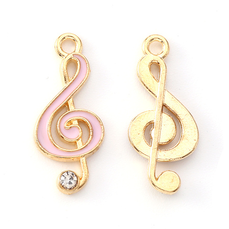Honeyhandy Alloy Enamel Pendants, with Crystal Rhinestone, Musical Note, Light Gold, Pink, 22x10x2mm, Hole: 1.6mm
