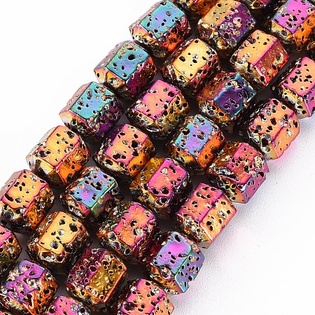 Honeyhandy Electroplated Natural Lava Rock Beads Strands, Hexagon, Bumpy, Colorful, 8x7x6.5mm, Hole: 1.2mm, about 50pcs/strand, 15.55 inch(39.5cm)