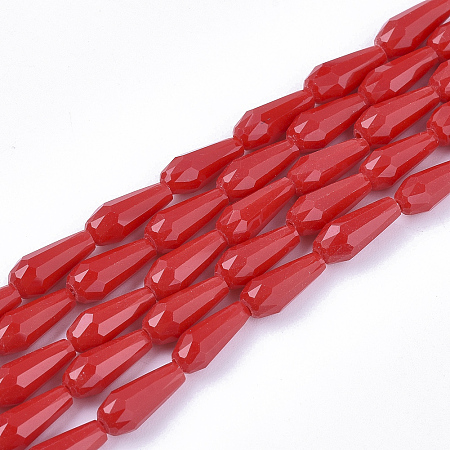 Honeyhandy Opaque Solid Color Glass Beads Strands, Imitation Jade, Faceted, Teardrop, Red, 9~10x4mm, Hole: 1mm, about 72pcs/Strand, 26.38~27.17 inch(67~69cm)