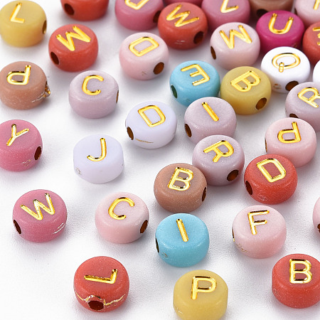 Honeyhandy Opaque Mixed Color Acrylic Beads, Metal Enlaced, Flat Round with Random Letters, Golden Plated, 7x4mm, Hole: 1.8mm, about 370pcs/50g