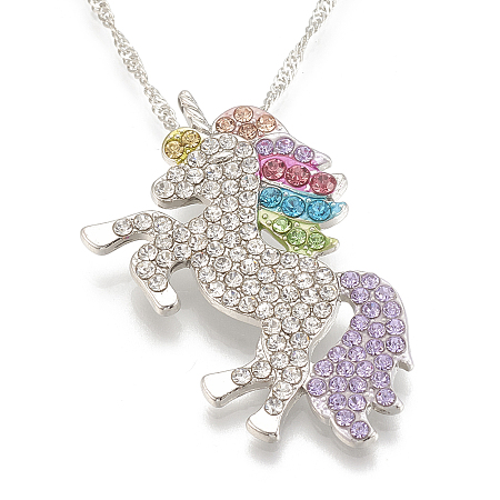 Honeyhandy Alloy Pendant Necklaces, with Rhinestone and Iron Chains, Unicorn, Platinum, Colorful, 15-3/4 inch(40cm)