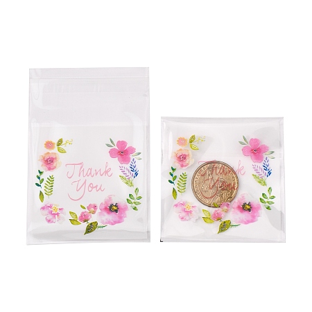 Rectangle OPP Self-Adhesive Bags, with Word Thank You and Flower Pattern, for Baking Packing Bags, Colorful, 10x7x0.02cm, about 100pcs/bag