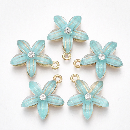 Nbeads  Alloy Pendants, with Resin and Rhinestone, Flower, Crystal, Light Gold, MediumTurquoise, 21.5x18.5x5mm, Hole: 1.5mm