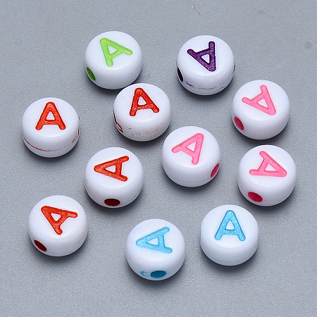 Honeyhandy Craft Acrylic Horizontal Hole Letter Beads, Flat Round, Mixed Color, Letter.A, 7x3.5~4mm, Hole: 1.5mm