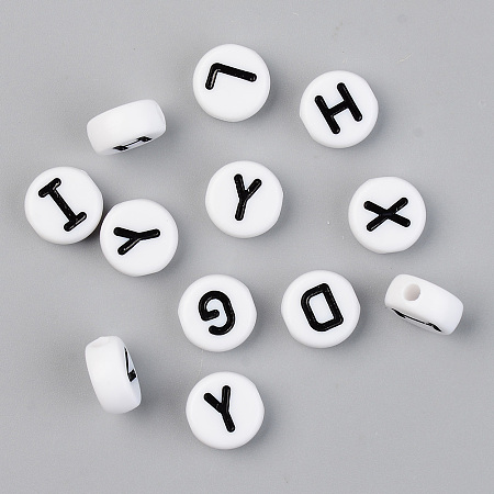 Honeyhandy Opaque Acrylic Beads, with Enamel, Horizontal Hole, Flat Round with Initial Letter, Black, White, 9.5x4.5mm, Hole: 2mm