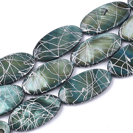ARRICRAFT Freshwater Shell Beads Strands, Dyed and Drawbench, Oval, Dark Slate Gray, 30~32x15~17x3~5mm, Hole: 1mm, 13pcs/strand, 16.14 inches