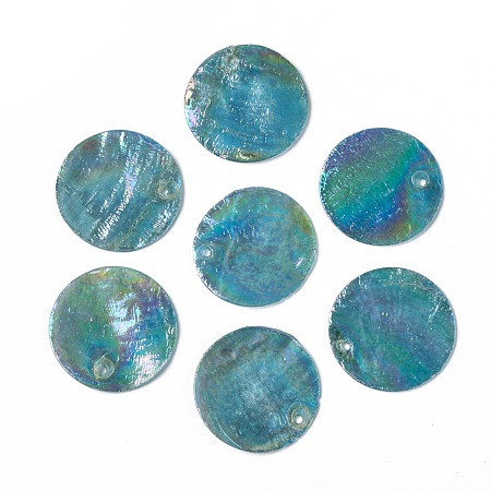 Honeyhandy AB Color Plated Capiz Shell Pendants, Dyed, Flat Round, Dark Turquoise, 24~25x1~2mm, Hole: 1.5mm