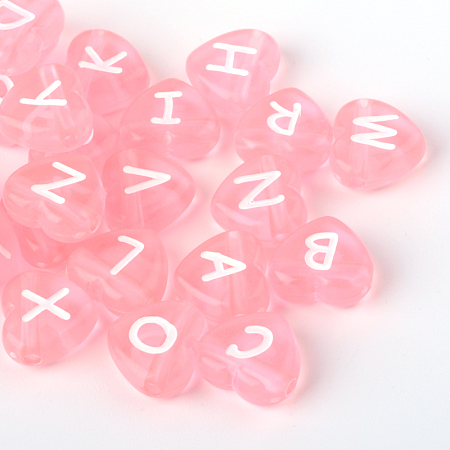 Honeyhandy Transparent Acrylic Heart Horizontal Hole Letter Beads, Pink, 10.5x11.5x4.5mm, Hole: 2mm