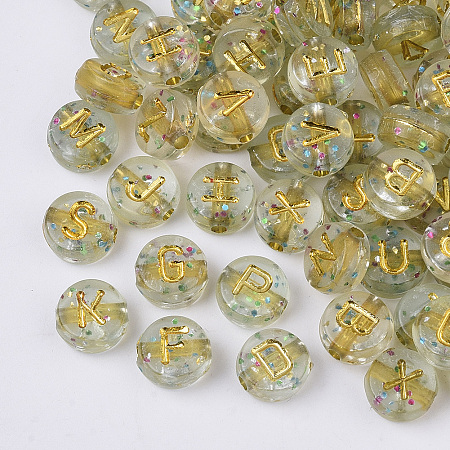 Honeyhandy Plating Transparent Acrylic Beads, with Glitter Powder, Metal Enlaced, Horizontal Hole, Flat Round with Letter, Golden Plated, 7x4mm, Hole: 1.5mm