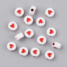 Honeyhandy Opaque Acrylic Beads, Flat Round with Heart, Red, 7x4mm, Hole: 1.8mm, 3800pcs/500g