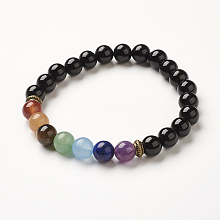 Honeyhandy Yoga Chakra Jewelry, Natural Black Agate Beads Stretch Bracelets, 2-1/8~2-3/8 inch(55~60mm)