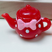 Honeyhandy Resin Miniature Teapot Ornaments, Micro Landscape Garden Dollhouse Accessories, Pretending Prop Decorations, Bowknot Pattern, Red, 36x24mm