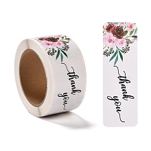 Honeyhandy Flower Pattern Paper Gift Tag Stickers, Rectangle with Word Thank You Adhesive Labels Roll Stickers, for Party, Decorative Presents, White, 2.8cm, about 120pcs/roll