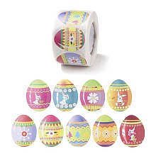 Honeyhandy 9 Patterns Easter Theme Self Adhesive Paper Sticker Rolls, Egg-Shaped Sticker Labels, Gift Tag Stickers, Rabbit & Flower, Easter Theme Pattern, 38x30x0.1mm, 500pcs/roll