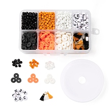 ARRICRAFT 3 Colors 1155Pcs DIY Halloween Theme Stretch Bracelets Making Kits, include Round Glass Seed Beads, Polymer Clay Heishi Beads, Polycotton Tassel, Acrylic Letter Beads and 8m Elastic Crystal Thread, Mixed Color, 4mm, Hole: 1.5mm