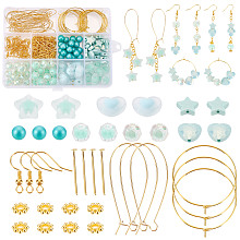 PandaHall Elite DIY Beaded Earring Making Kit, Inclduing Heart & Star & Imitation Pearl Acrylic Beads, Brass Hoop Earrings Findings & Earring Hooks, Light Green, 247Pcs/box