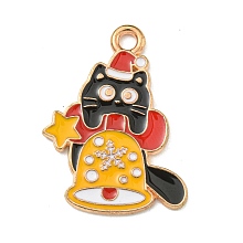 Christmas Kitty Alloy Enamel Pendants, Light Gold, Cat Charm, Christmas Bell, 25x19.5x1.2mm, Hole: 2mm