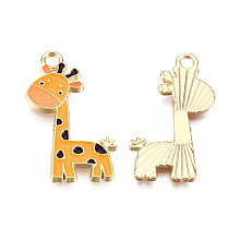 Honeyhandy Alloy Enamel Pendants, Light Gold, Giraffe, Orange, 27x12x2mm, Hole: 2mm