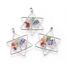 Honeyhandy Natural & Synthetic Mixed Gemstone Chakra Big Pendants, with Brass Findings, for Jewish, Star of David, Platinum, 52x43x6mm