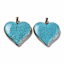 Honeyhandy Synthetic Turquoise Pendants, with Golden Plated Brass Edge and Loop, Rack Plating, Heart, Dark Cyan, 44x44x10.5mm, Hole: 4x7.5mm