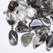 Honeyhandy Natural Green Lodolite Quartz/Garden Quartz Pendants, with Stainless Steel Snap On Bails, Nuggets, Stainless Steel Color, 30~55x18~30x10~20mm, Hole: 3~4x7~8.5mm