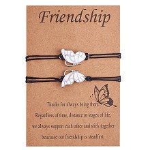 Arricraft 2Pcs White Brass Enamel Butterfly Link Bracelet with Braided Cord, Adjustable Couple Bracelets for Lovers Best Friends, Platinum, 4-3/4~10-1/4 inch(12cm)