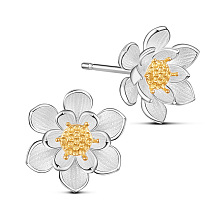 SHEGRACE Adorable 925 Sterling Silver Ear Studs, Lotus Flower with Real 24K Gold Plated Bud, Mixed Color, 10mm, Pin: 0.8mm