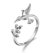 SHEGRACE 925 Sterling Silver Cuff Rings, Open Rings, with Grade AAA Cubic Zirconia, Bird with Leaf, Platinum, Size 7, Inner Diameter: 17mm