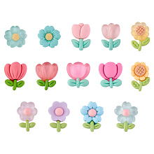 Honeyhandy 28Pcs 14 Styles Opaque & Translucent Floral Resin Cabochons, Kawaii Resin Cabochons for DIY Jewelry Making Scrapbooking Phone Case Decor Hair Accessories Making Hair Clip, Colorful, 24x17mm, 2pcs/style