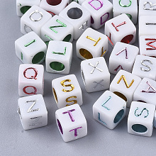 Arricraft Plated Acrylic Beads, Cube with Random Initial Letter, Mixed Color, 6x6x6mm, Hole: 3.5mm, about 3840pcs/500g