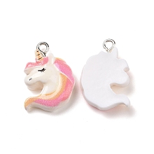 Honeyhandy Opaque Resin Pendants, with Glitter Powder and Platinum Tone Iron Loops, Unicorn Charm, Pearl Pink, 22.5x15.5x6mm, Hole: 2mm