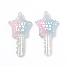 Honeyhandy Two Tone Resin Big Pendants, Glitter Powder, Star Key with Word LUCKY & STAR & Heart Pattern, Pink, 58x31x6mm, Hole: 2.3mm