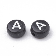 Honeyhandy Opaque Acrylic Beads, Horizontal Hole, Alphabet Style, Flat Round, Letter.A, 7x4mm, Hole: 1.5mm, about 3700pcs/500g