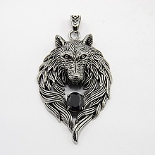 Honeyhandy Retro Men's 304 Stainless Steel Steel Big Wolf Head Pendants, with Rhinestone, Antique Silver, Jet, 74x45x18mm, Hole: 10x7mm