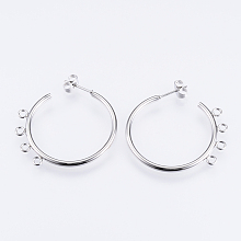 304 Stainless Steel Stud Earring Findings, Half Hoop Earrings, with Loop, Stainless Steel Color, 32x33.5x2mm, Hole: 2mm; Pin: 0.8mm