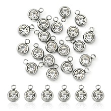 Honeyhandy 20Pcs 201 Stainless Steel Rhinestone Charms, Birthstone Necklace Charms, Flat Round, Stainless Steel Color, Crystal, 8.5x6x3mm, Hole: 1.5mm