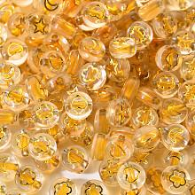 Honeyhandy Transparent Acrylic Beads, Flat Round with Goldenrod Moon & Heart Flower & Star, 7x4mm, Hole: 1.5mm, about 200pcs/500g